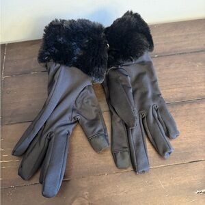 House of Harlow 1960 Black Faux Fur Cuff Gloves Women’s Stretch Winter Chic